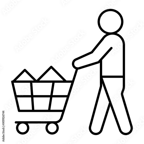 Man with shopping cart thin line icon, consumer concept. Vector graphics. Human and full trolley, shopper sign on white background, linear style for mobile or design.