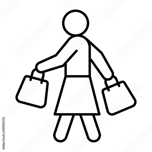 Woman walk for shopping thin line icon, consumer bag concept. Vector graphics. Lady with shopping packets sign on white background, linear style for mobile or design.