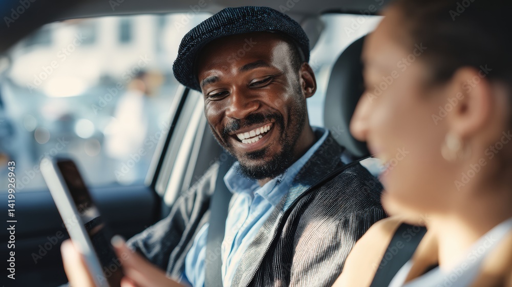 A man and a woman are in a car, the man is smiling and looking at his phone