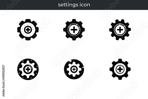 Grunge black settings icon gears with plus sign on white background