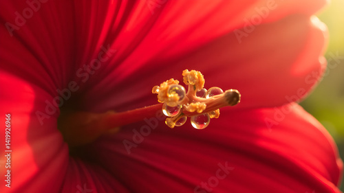 Close-up of the pollen of a red hibiscus flower.
