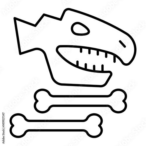 Dinosaur skull and bones thin line icon, dinosaur ancient history concept. Vector graphics. Skeleton head with bone sign on white background, linear style for mobile or design.