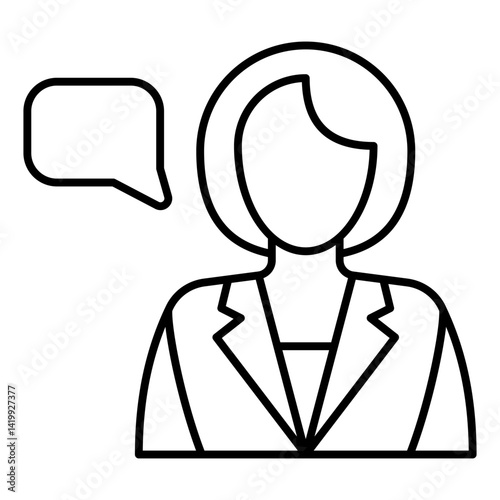 Tour guide woman thin line icon, exhibition concept. Vector graphics. Girl with talk bubble sign on white background, linear style for mobile or design.