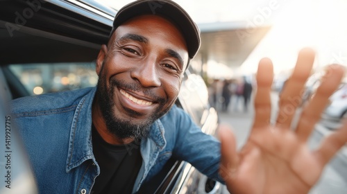 Wallpaper Mural A man in a blue shirt is smiling and waving at someone Torontodigital.ca