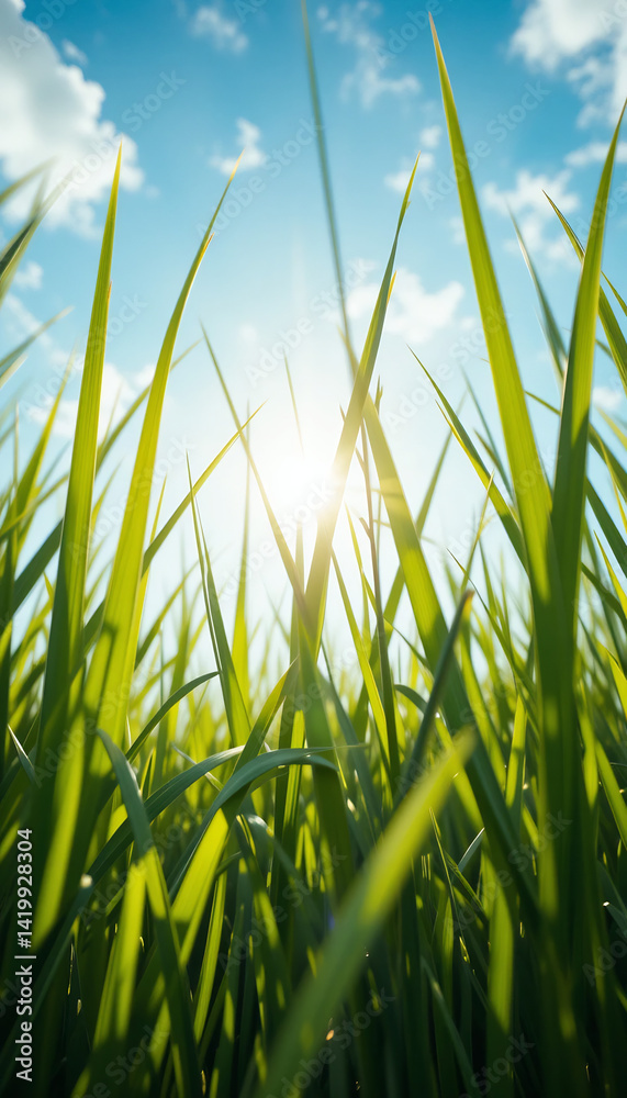 Obraz premium Vibrant green grass glows brightly under summer sun low angle shot. AI Generated