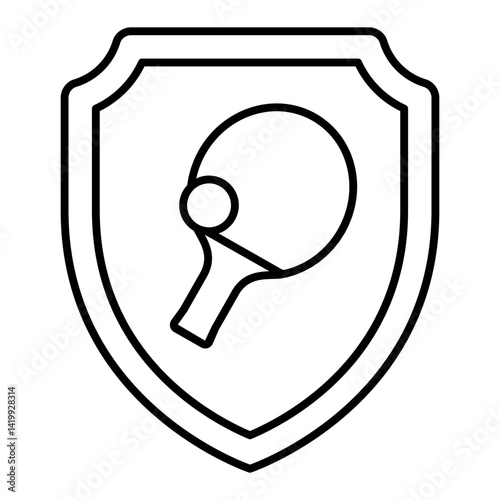 Emblem with tennis racket and ball thin line icon, table tennis concept. Vector graphics. Safety shield and racket sign on white background, linear style for mobile or design.