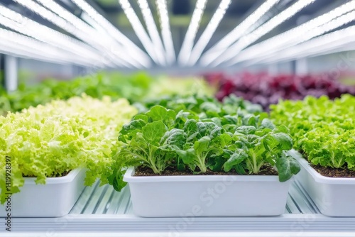 Indoor vertical farm showcasing diverse leafy greens. photo