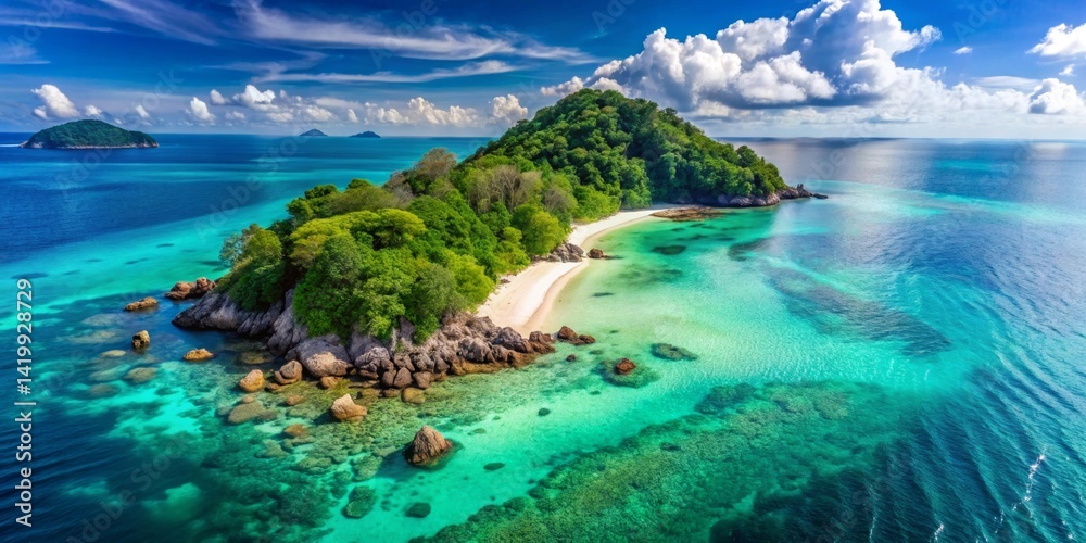Fototapeta premium A Secluded Tropical Island Paradise with Pristine White Sand Beach and Vibrant Turquoise Waters