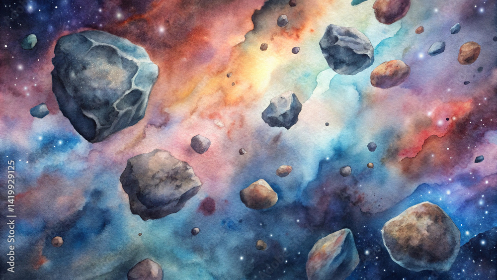 Asteroids drifting in vibrant cosmic space background
