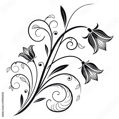 Abstract black and white floral vector design with ornate swirls, leaf elements, and vintage pattern decoration creates a stylish botanical silhouette art