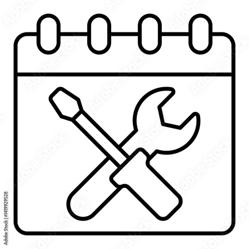 Calendar page with repair date thin line icon, master service labor concept. Vector graphics. Screwdriver and wrench page, repair sign on white background, linear style for mobile or design.