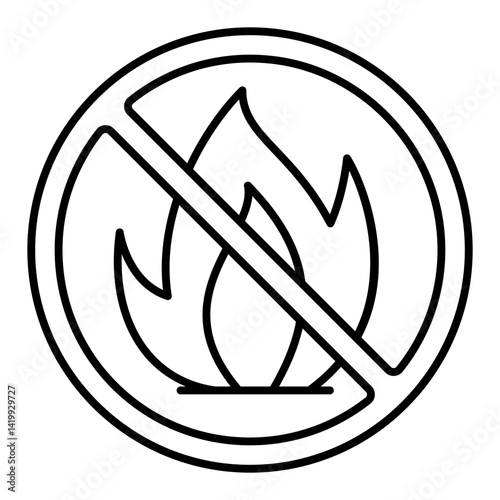 Fire flame forbidden thin line icon, no fireplace allowed concept. Vector graphics. Hot flammable gas sign on white background, linear style for mobile or design.
