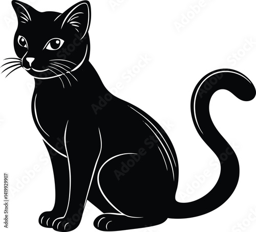 cute sitting solid black silhouette vector icon, coloring page lineart vector, black cat vector, black cat vector illustration, black and white cat on white background.