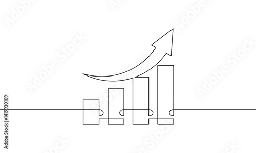 Continuous line drawing of graph with increasing arrow up. Business growth, bar chart. Single line art. Object one line. Flat icon, sign symbol. Vector illustration