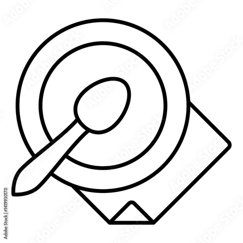 Plate and spoon on napkin thin line icon, serving food service concept. Vector graphics. Food dish sign on white background, linear style for mobile or design.
