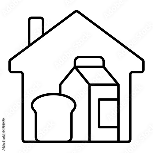 Grocery products at home thin line icon, eat what you want concept. Vector graphics. House package bread, building with food sign on background, linear style for mobile or web.