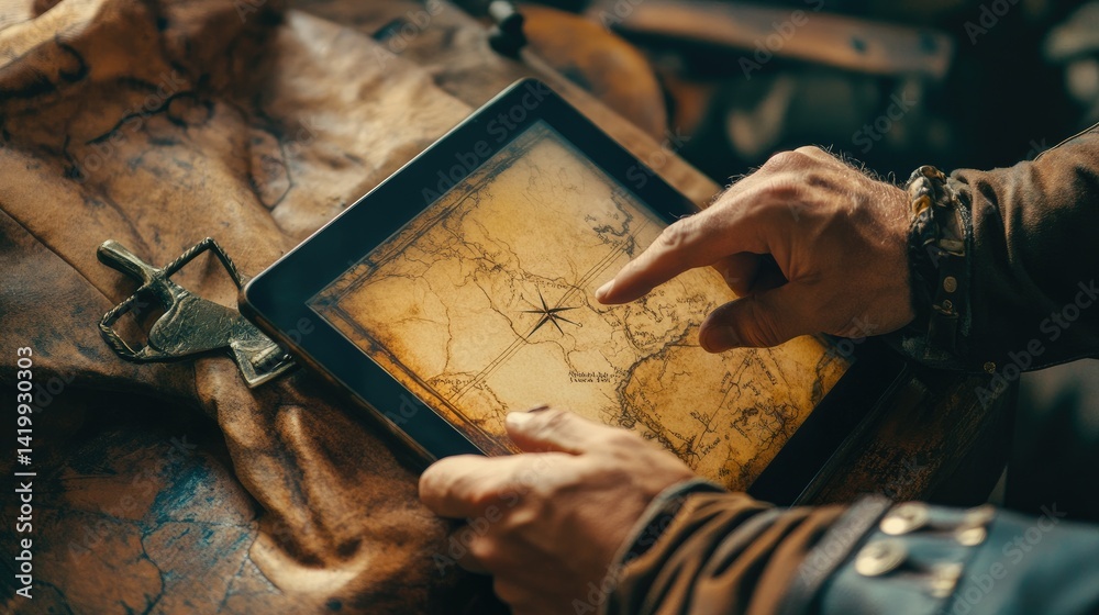 Obraz premium A pirate captain using a touchscreen tablet to plot out a lost treasure map.