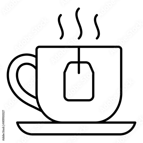 Cup of hot tea with teabag thin line icon, floral garden tea drinks concept. Vector graphics. Ceramic cup on plate sign on white background, linear style for mobile or design.