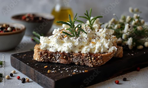 Freshly made sandwich with cottage cheese, herbs, and spices on a wooden board, offering a delicious, healthy meal