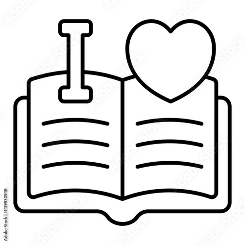 I love read at opened book thin line icon, reading book online concept. Vector graphics. Favorite textbook with heart shape sign on white background, linear style for mobile or design.
