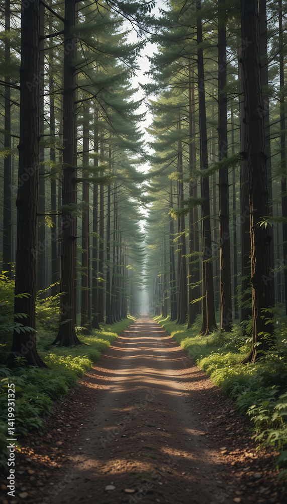 Fototapeta premium Serene forest path gently illuminated by soft morning light. AI Generated