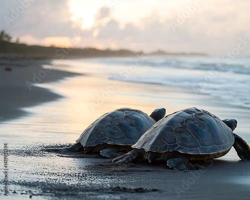 Turtles nesting at sunrise on beach