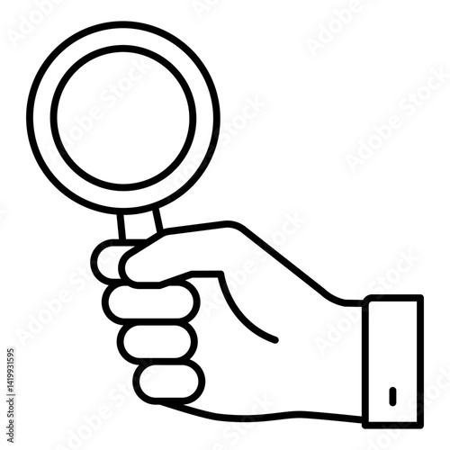 Magnifying glass in hand thin line icon, optical tool concept. Vector graphics. Magnifier in human hand sign on white background, linear style for mobile or design.