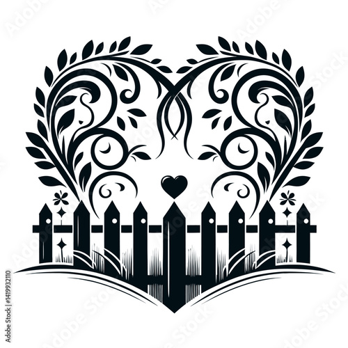 Fence forming a heart shape silhouette black color logo on white background