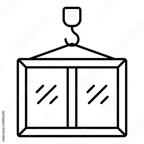 Crane hook with plastic window frame thin line icon, construction site concept. Vector graphics. Window glass, uplifting sign on white background, linear style for mobile or design.