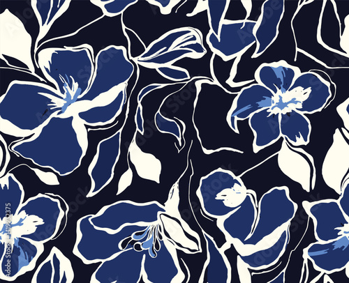 Seamless flower pattern. Textile print and hand flower pattern design  on the dark blue background. Seamless pattern design for textile. For textile and fashion. Hand flower pattern design. 
