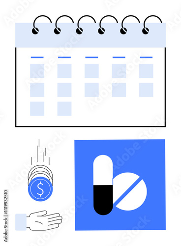 Calendar with highlighted dates, pills in blue box, and coins dropping into a hand. Ideal for healthcare, medication reminders, healthcare cost, planning, budgeting, time management simple landing