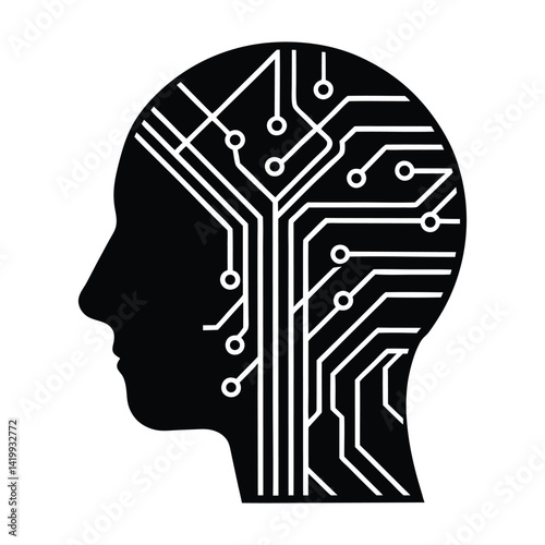 Human head merged with circuit board on white background