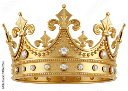A luxurious golden crown adorned with intricate designs and sparkling gemstones against a black background.
