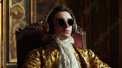 A Renaissance court musician wearing wireless headphones, completely immersed in electronic beats.