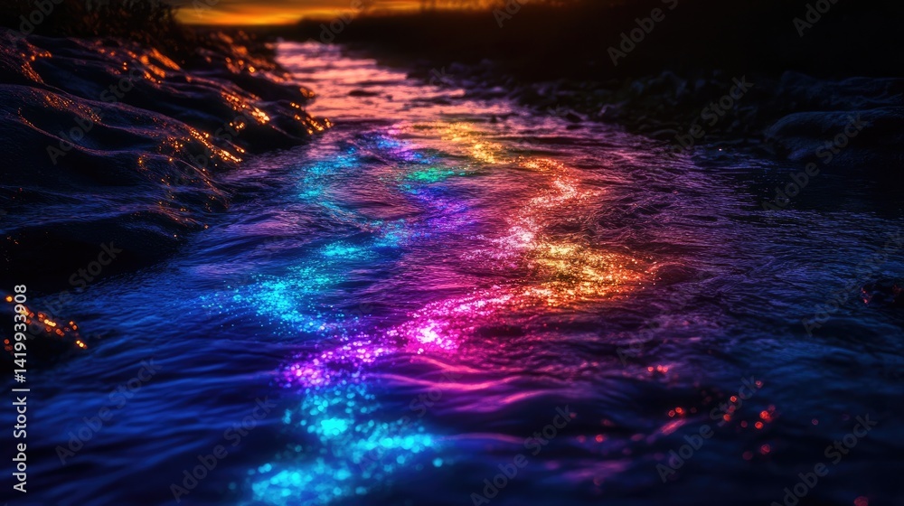 Fototapeta premium A river with water that glows in different colors every night, as if whispering forgotten stories.