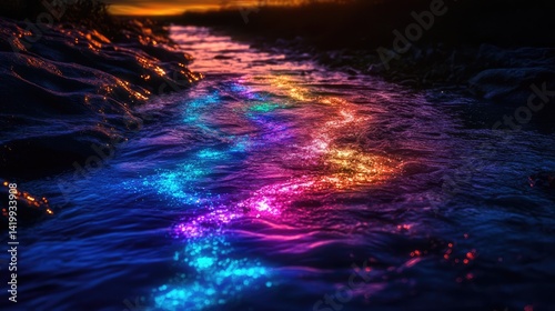 A river with water that glows in different colors every night, as if whispering forgotten stories.