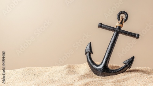 Close-up of a weathered black metal anchor planted in the sand against a plain beige background, symbolizing stability, maritime theme, and nautical safety
