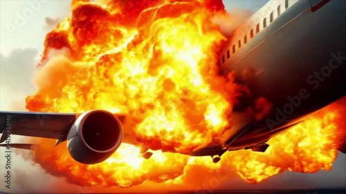 Commercial airplane on the runway with a massive fiery explosion erupting in the background, HD footage.