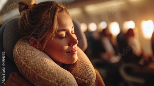 A woman is sleeping on a plane with a pillow