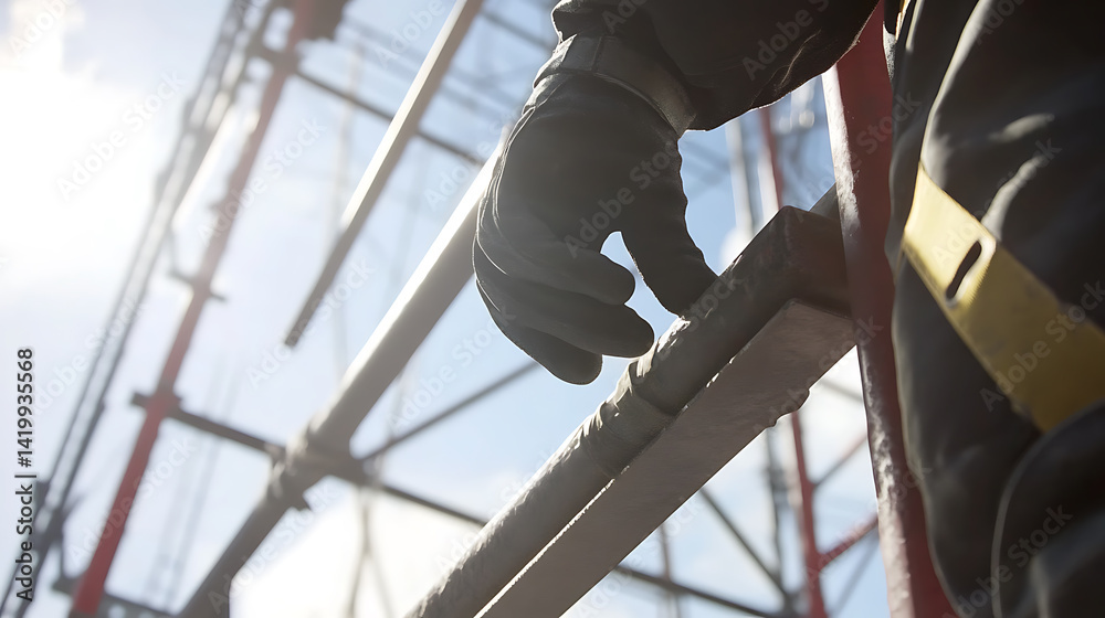 Construction worker securing scaffolding for safety. Featuring precision and safety Construction worker securing scaffolding for safety. Featuring precision and safety