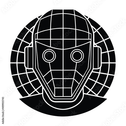 Robot head with neon grid on white background