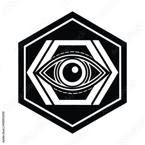 Robotic eye in hexagon frame on white background