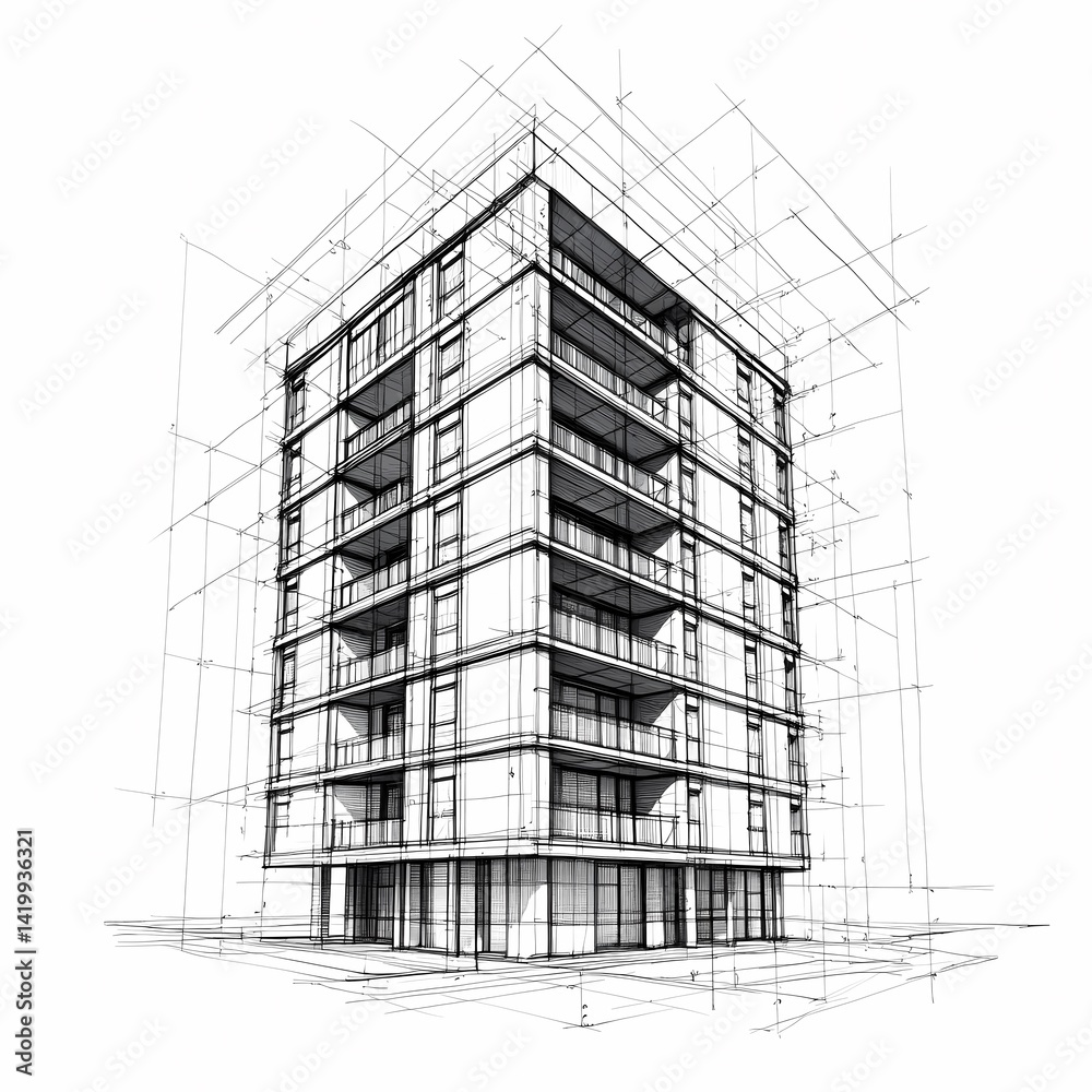 Modern apartment building architectural sketch Modern apartment building architectural sketch