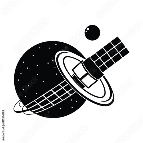 Satellite orbiting digital planet on white background