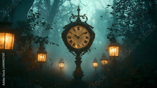 An antique clock with Roman numerals, standing amidst lanterns in a foggy enchanted forest