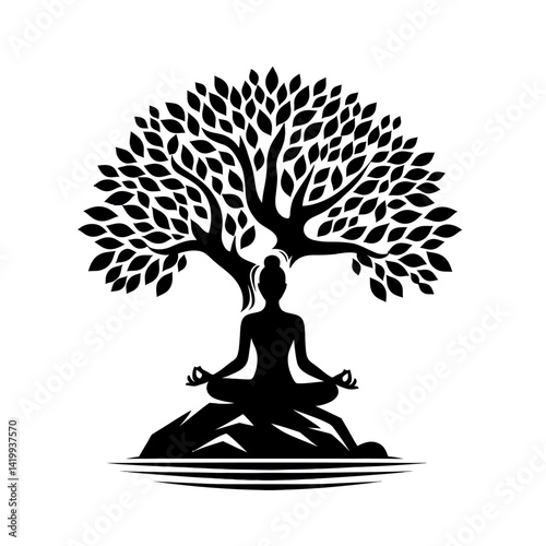 Meditation figure under a tree silhouette black color logo on white background