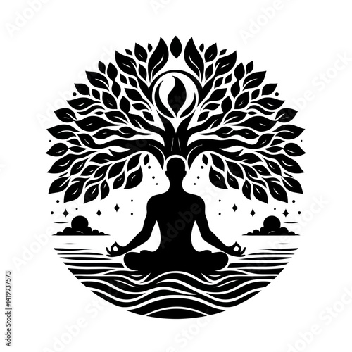 Meditation figure under a tree silhouette black color logo on white background