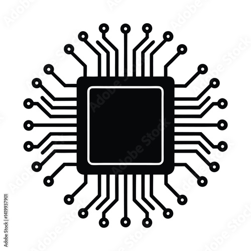 Silhouette of a microchip with circuit patterns on white background