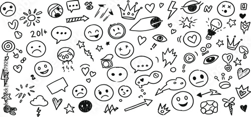 Smile brush hand drawn vector element set. Emoji fun face, heart, crown symbol crayon texture marker background kid sketch style hand drawn element.