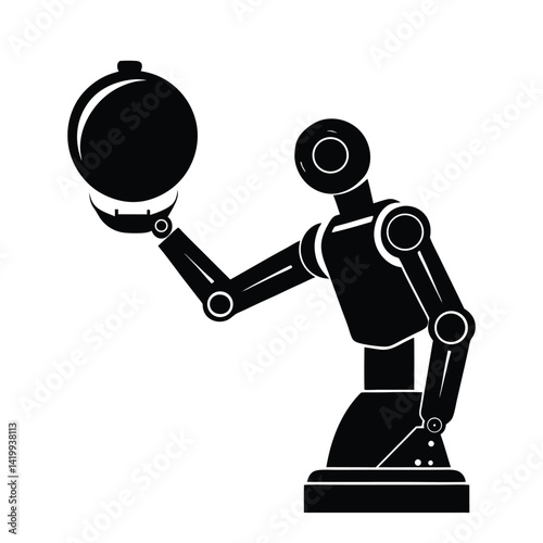 Silhouette of a robotic arm holding a glowing orb on white background